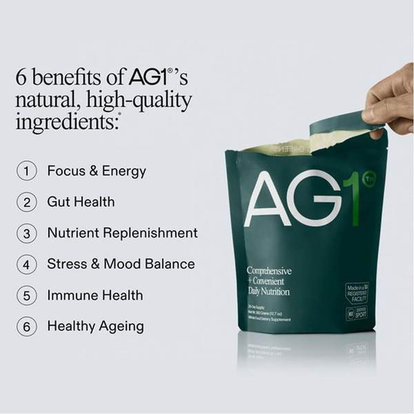 A high-contrast 1:1 square graphic that pairs a product package with a numbered list of six core health benefits.